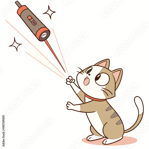 Comical cat desperately tries to catch a laser pointer, slipping dramatically in a funny, flat vector illustration.