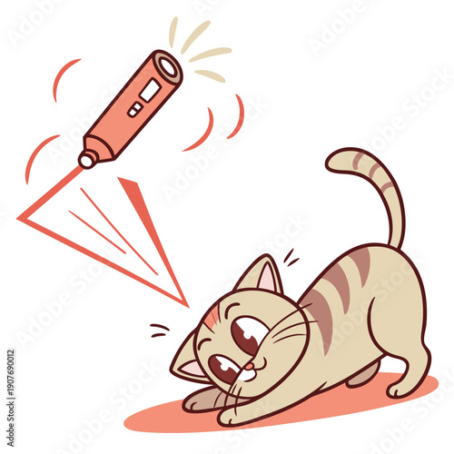 A dramatic cat slips while trying to catch a laser dot in a funny, exaggerated, flat vector illustration of playtime.