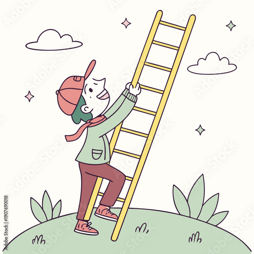Whimsical climber awkwardly uses a ladder on flat ground in a funny, flat vector illustration of a challenging situation.