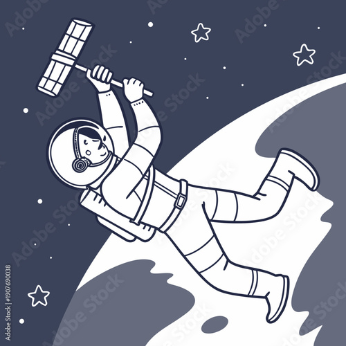 Humorous Clumsy Astronaut Floating Upside Down While Attempting Spacecraft Repair. Funny Cartoon Character Struggling with Technical Issues in Space.