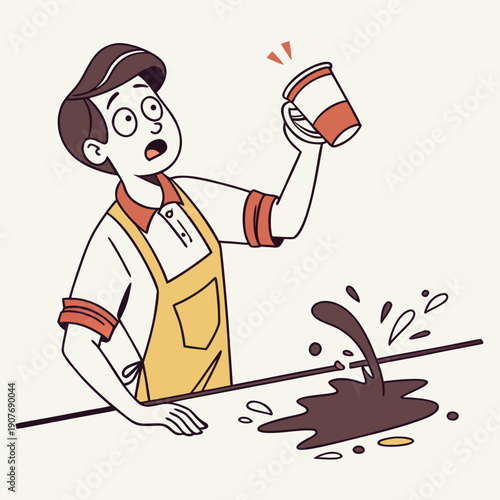 Humorous Clumsy Barista Accidentally Spilling Latte Art During Coffee Preparation. Messy Cartoon Barista Character Causing a Chaotic Spill in a Cafe.