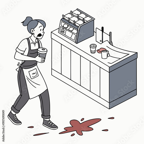 Humorous Clumsy Barista Accidentally Spilling Latte Art During Coffee Preparation. Messy Cartoon Barista Character Causing a Chaotic Spill in a Cafe.