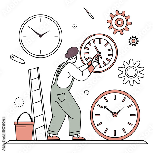 Humorous Clumsy Clockmaker Assembling Clocks with Mismatched Parts in a Workshop. Funny Cartoon Character Struggling with Precision Timepiece Repair.