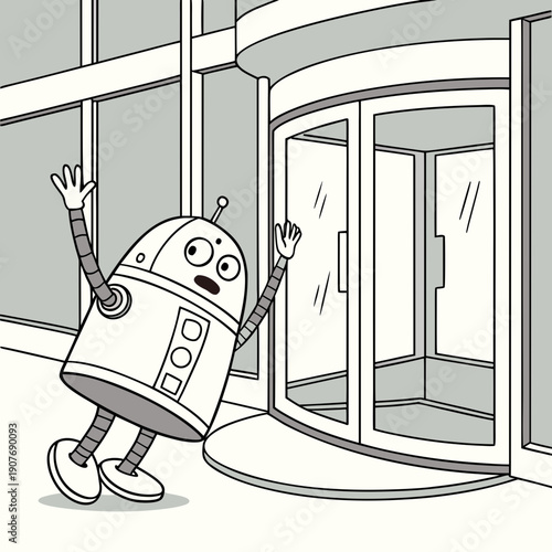 Humorous Clumsy Delivery Robot Stuck in a Revolving Door, Experiencing a Modern Urban Mishap. Funny Cartoon AI Courier Facing an Unexpected Obstacle.