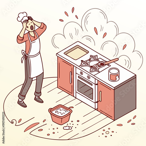 A comical baking show disaster with flour exploding everywhere in a messy kitchen.