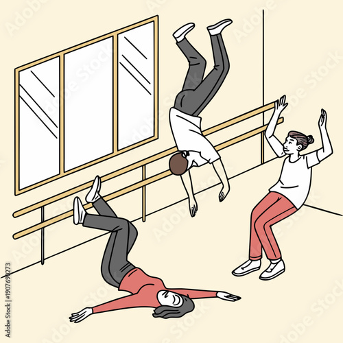 A comical dance rehearsal gone wrong with dancers frozen awkwardly mid-movement.