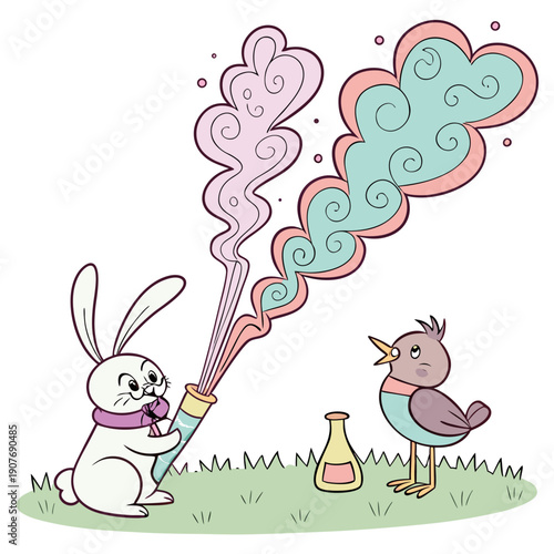 A whimsical and colorful illustration of a failed experiment creating vibrant smoke animals.