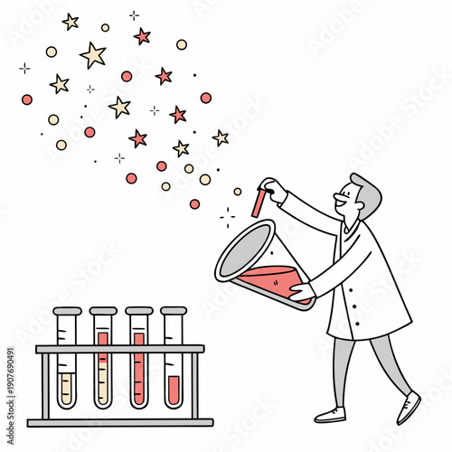 A whimsical flat illustration depicting a failed experiment creating floating sparkles.