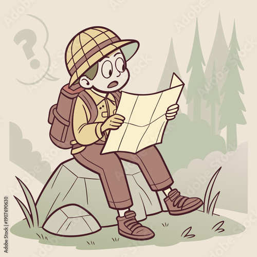 A cute vector illustration of a failed explorer humorously reading a map upside down.