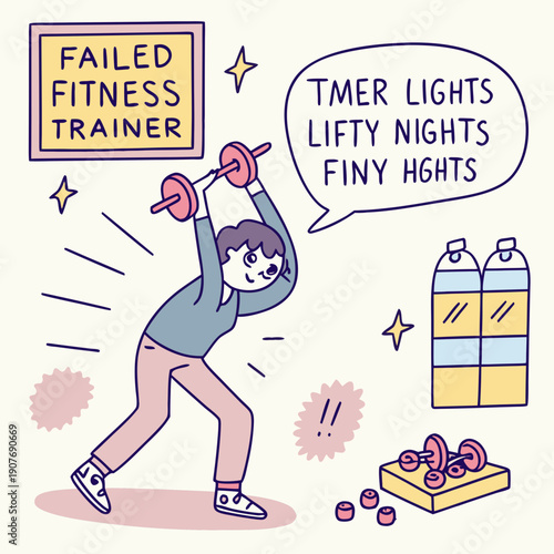 A comical flat illustration of a failed fitness trainer comically lifting tiny weights.