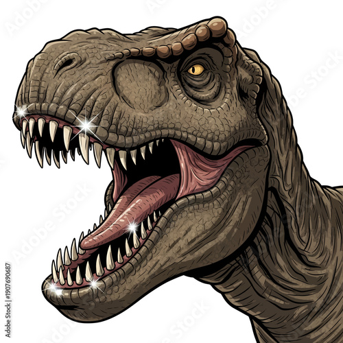 Close-up of a Tyrannosaurus Rex head with sharp teeth and open mouth.