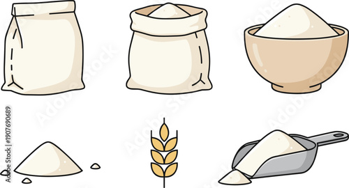 Flour and Wheat Vector Illustration Set with Sack Bag Ceramic Bowl Metal Scoop and Grain Ear Isolated on White Background