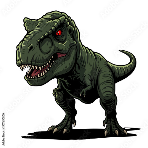 Fierce Tyrannosaurus Rex Dinosaur Illustration with Red Eyes.