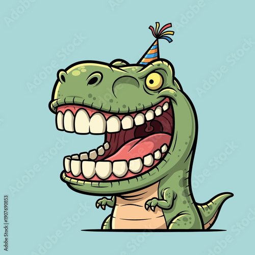 Happy Cartoon T-Rex Dinosaur Wearing Party Hat.