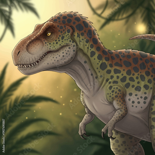 Majestic Tyrannosaurus Rex dinosaur in lush prehistoric jungle environment.