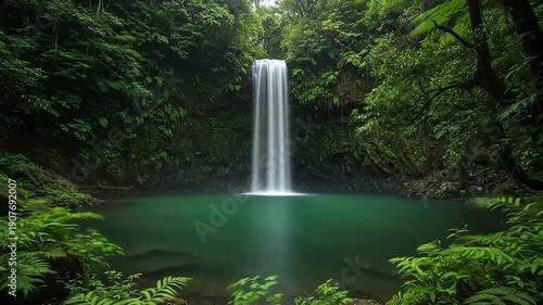 Serene Waterfall in Lush Green Forest.