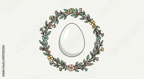 White Easter Egg Surrounded by Floral Wreath on Plain Background