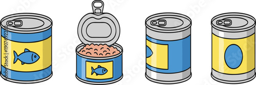 Canned Fish Vector Illustration Set with Blue and Yellow Tins Including Closed Cans Open Can with Tuna and Metal Pull Tabs