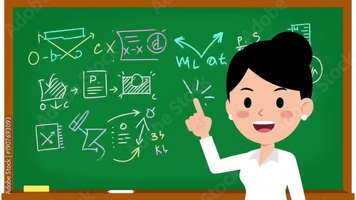 Teacher Explaining Math on Green Blackboard.