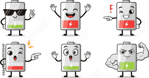 Cute Battery Level Cartoon Character Set Showing Low and Full Power Flat Vector Illustration Isolated on White Background