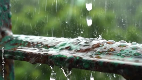 Raindrops falling and collecting on a rusty green l railing.