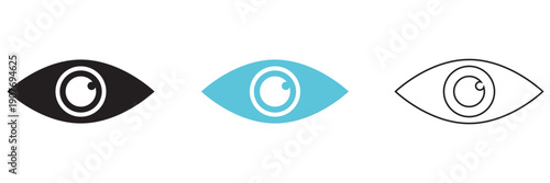 Eye Icons Set Minimal Black, blue Symbols. Collection of simple eye icons in black and white, representing vision, observation, awareness, and viewing concepts for interface and graphic design.

