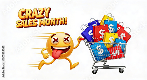 Crazy Sales Month: Energetic Emoji Rushes with Full Shopping Cart