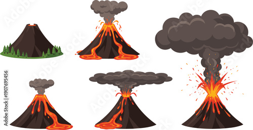 Volcano Eruption with Lava and Ash Cloud Set Flat Vector Illustration Isolated on White Background
