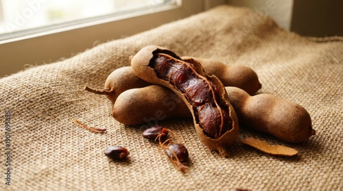 Brown Leathery Tamarind Pods with Seeds on Burlap, 20260210