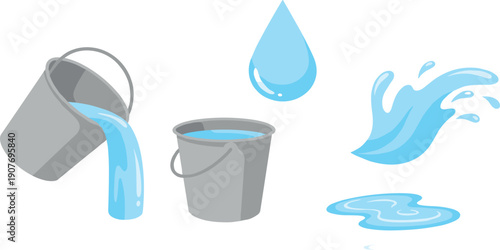 Water Bucket Drop Splash and Wave Set Flat Vector Illustration Isolated on White Background
