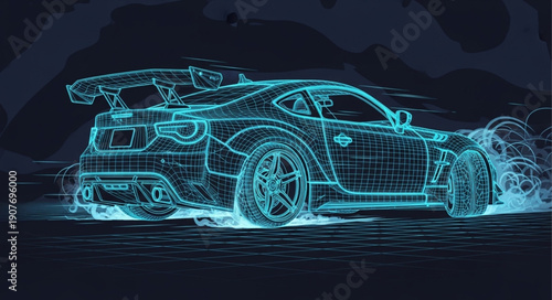 Blue Neon Light Car Illustration.