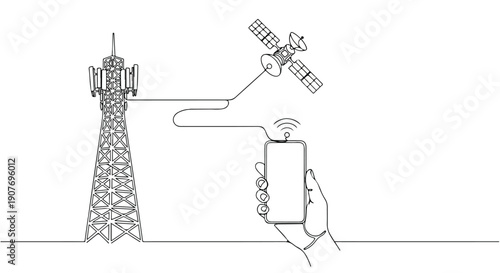 A line drawing of a hand holding a mobile phone connecting to a satellite and a telecommunication tower, representing global network and information exchange.