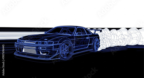 Blue sports car drifting with smoke and motion blur effect.