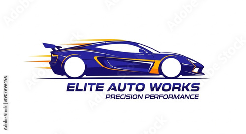 Blue Sports Car Elite Auto Works Logo.