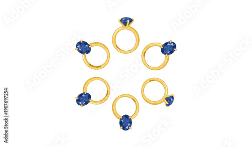 SEO Friendly Title:
Isometric golden ring set with blue diamonds luxury jewelry vector illustration