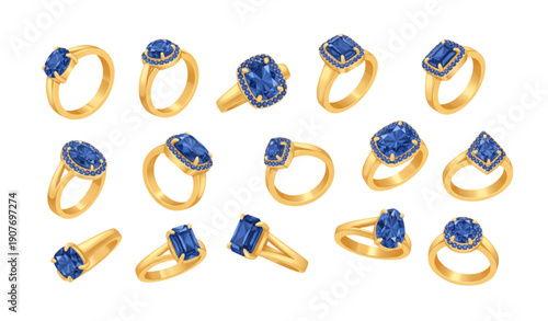 SEO Friendly Title:
Golden ring icons with blue diamonds flat line and fill jewelry vector set