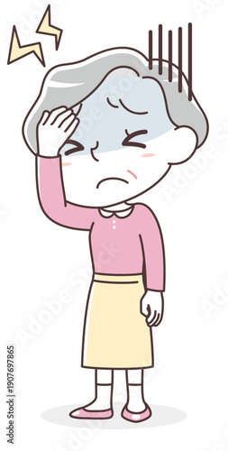 激しい頭痛に苦しむシニア女性（片頭痛・ストレス・体調不良・発熱）