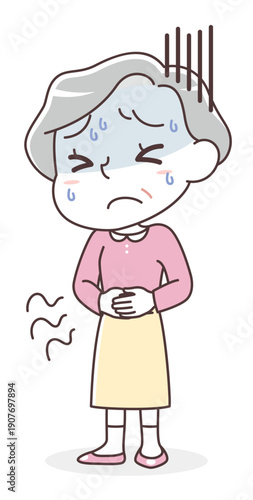 腹痛・胃腸の不調に悩むシニア女性（食あたり・ストレス・便秘・下痢）