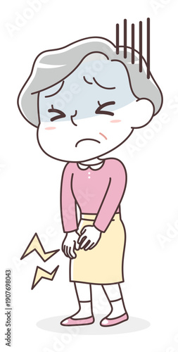 膝の痛みに苦しむシニア女性（関節痛・運動不足・リハビリ）