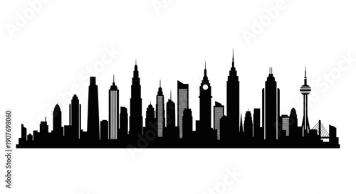 Diverse International City Skyline Silhouette Featuring Iconic Structures and Skyscrapers, Isolated White Background