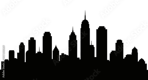 Clean City Skyline Silhouette with Diverse Buildings, Urban Panorama on Isolated White Background