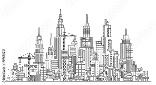 Detailed Line Art City Skyline with Modern Buildings and Construction Cranes in Bright Studio