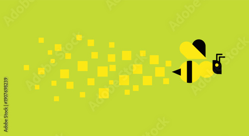Stylized yellow bee with black stripes flying and leaving a trail of yellow squares