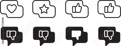 A collection of social media reaction icons featuring likes, dislikes, hearts, and stars
