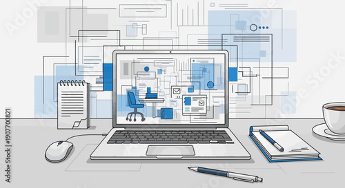 This detailed illustration represents office planning, workflow management, and structured business operations. It highlights organized workspaces, planning systems, and professional environments desi