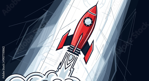 This dynamic illustration of a rocket launch represents startup growth, innovation, success, and business acceleration. The rocket symbolizes new ideas, product launches, rapid progress, and achieving
