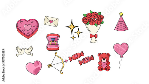 Set Valentine's Day icons and symbols of love, romance, and celebration, perfect for design projects