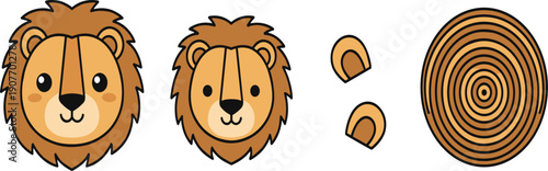 Cute Lion Face Vector Illustration Set Featuring Cartoon Jungle Animal Heads Small Ears and Round Wood Log Grain Texture