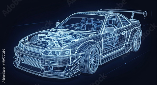 Blue Wireframe Racing Car Model.