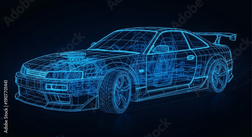 Blue Wireframe Racing Car Model.